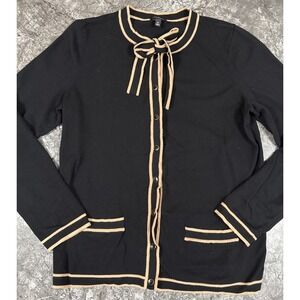 Talbots Womens Preppy Tie Neck Knit Cardigan Sweater Office Black Tan Sz M